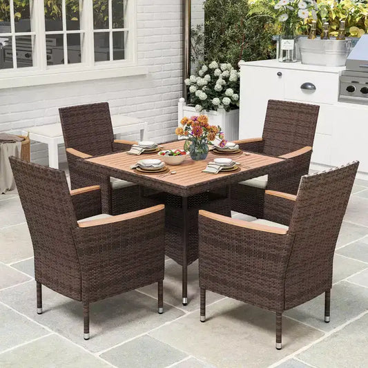 Patio Dining Sets for 4, All Weather Rattan Outdoor Table and Chairs with Acacia Wood Tabletop