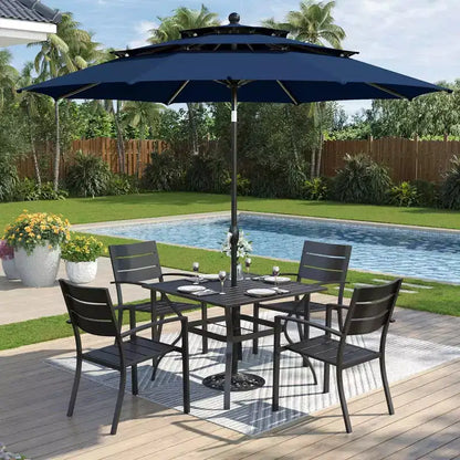 Captiva Designs Set 6 Pezzi Tavolo da Pranzo con Piano a Doghe in Acciaio & Sedie in Metallo con Schienale a Righe & Ombrellone da Giardino