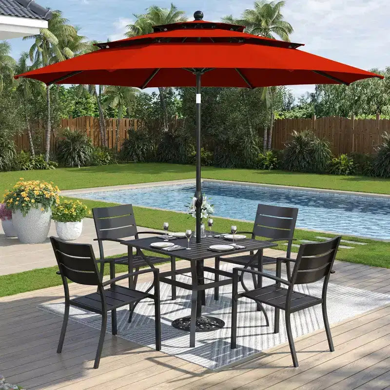 Captiva Designs Set 6 Pezzi Tavolo da Pranzo con Piano a Doghe in Acciaio & Sedie in Metallo con Schienale a Righe & Ombrellone da Giardino