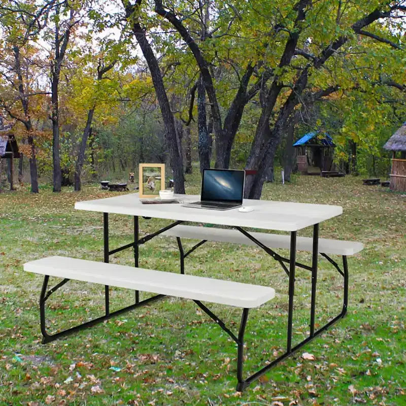 Set Tavolo da Picnic Pieghevole con Panca per Interni ed Esterni con Effetto Legno