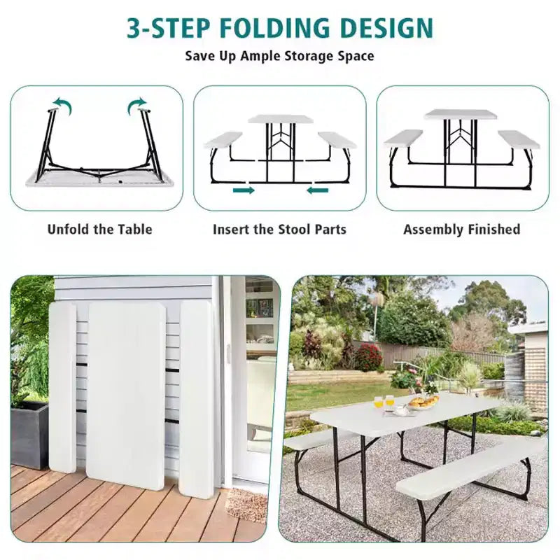 Set Tavolo da Picnic Pieghevole con Panca per Interni ed Esterni con Effetto Legno