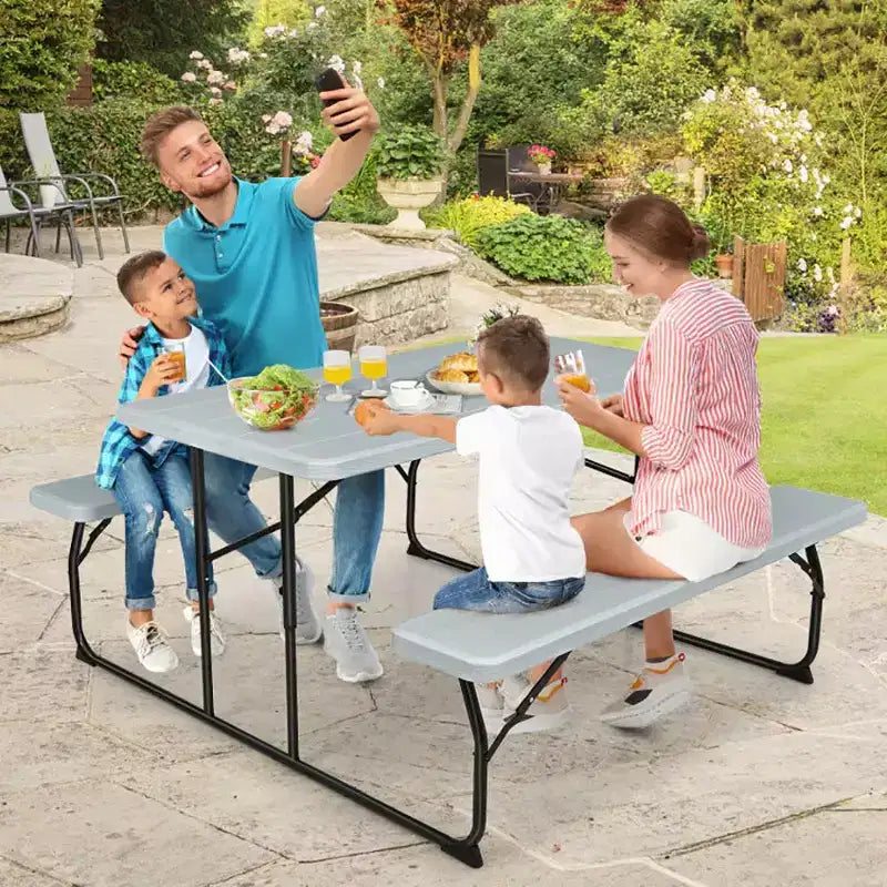 Set Tavolo da Picnic Pieghevole con Panca per Interni ed Esterni con Effetto Legno