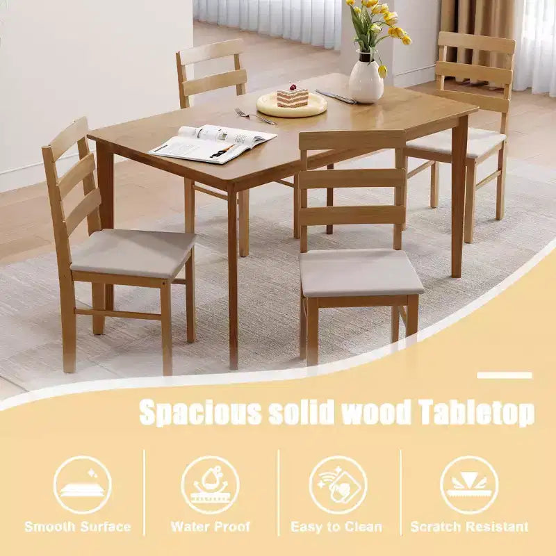 MAYEERTY Ensemble de 5 pièces table et chaises de salle à manger en bois massif, table rectangulaire couleur bois originale avec 4 chaises à dossier