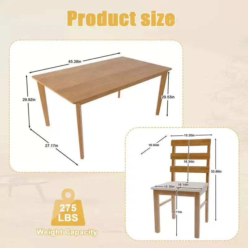 MAYEERTY Ensemble de 5 pièces table et chaises de salle à manger en bois massif, table rectangulaire couleur bois originale avec 4 chaises à dossier