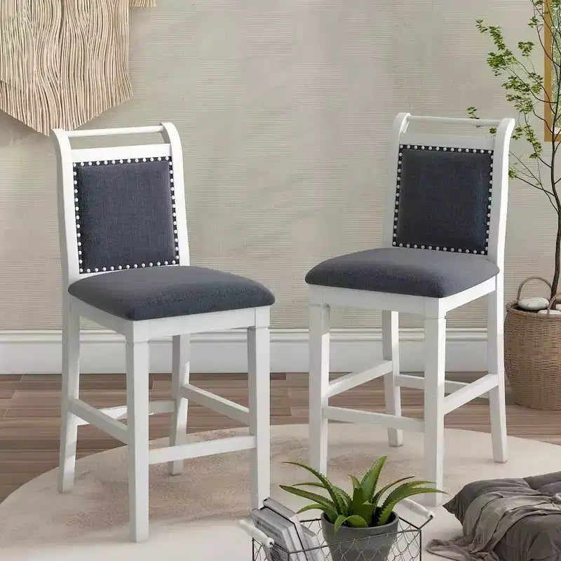 MAYEERTY Lot de 3 pièces table à manger en bois hauteur comptoir à rallonges, ensemble de 2 chaises rembourrées pour petits espaces, blanc + gris