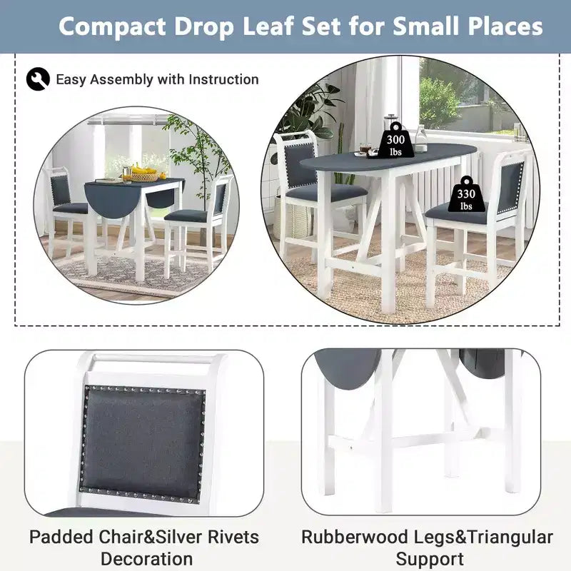 MAYEERTY Lot de 3 pièces table à manger en bois hauteur comptoir à rallonges, ensemble de 2 chaises rembourrées pour petits espaces, blanc + gris