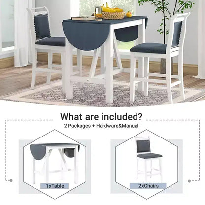 MAYEERTY Lot de 3 pièces table à manger en bois hauteur comptoir à rallonges, ensemble de 2 chaises rembourrées pour petits espaces, blanc + gris