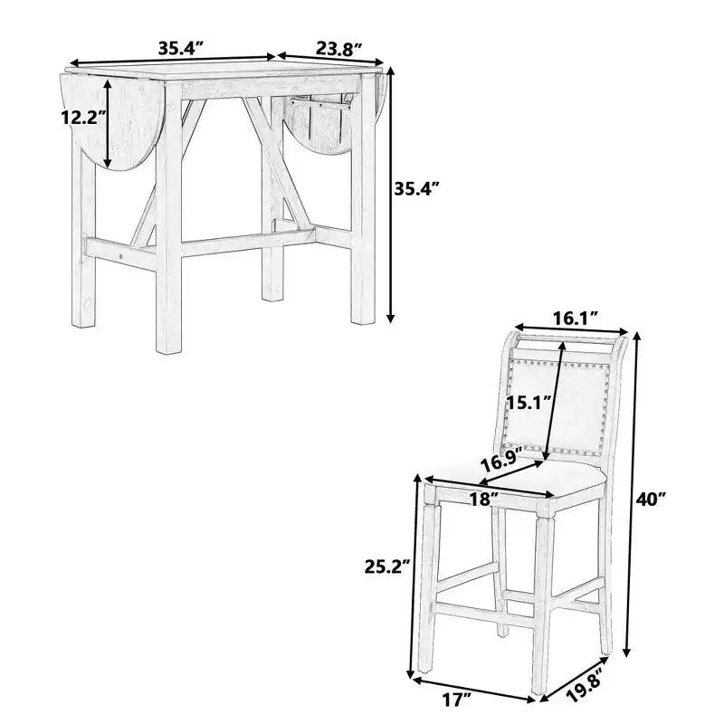 MAYEERTY Lot de 3 pièces table à manger en bois hauteur comptoir à rallonges, ensemble de 2 chaises rembourrées pour petits espaces, blanc + gris
