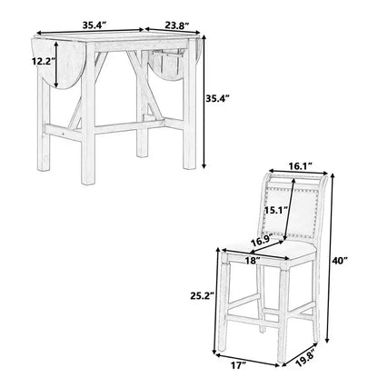 MAYEERTY Lot de 3 pièces table à manger en bois hauteur comptoir à rallonges, ensemble de 2 chaises rembourrées pour petits espaces, blanc + gris