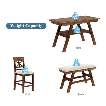 MAYEERTY Set da Tavolo da Pranzo a 6 Pezzi in Legno Altezza Bancone, Stile Rustico con Ripiano Portaoggetti, Panca e 4 Sedie, Noce + Beige