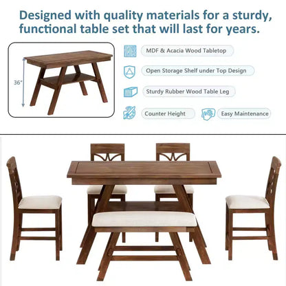 MAYEERTY Set da Tavolo da Pranzo a 6 Pezzi in Legno Altezza Bancone, Stile Rustico con Ripiano Portaoggetti, Panca e 4 Sedie, Noce + Beige