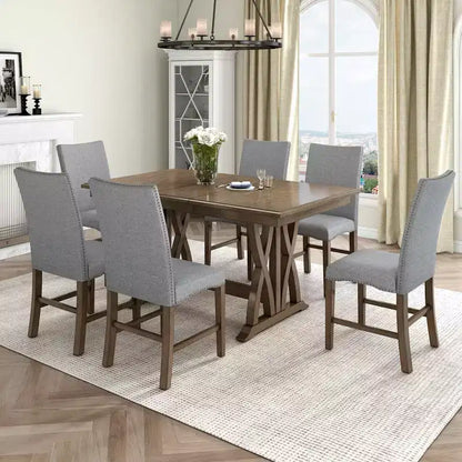 MAYEERTY Set da Pranzo Allungabile in Legno Massello di Metà Secolo da 7 Pezzi, 12 Fogli, Sedie Imbottite per 6 Persone, Marrone Dorato + Grigio