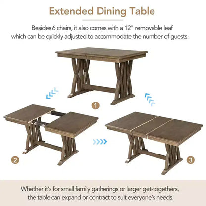 MAYEERTY Set da Pranzo Allungabile in Legno Massello di Metà Secolo da 7 Pezzi, 12 Fogli, Sedie Imbottite per 6 Persone, Marrone Dorato + Grigio