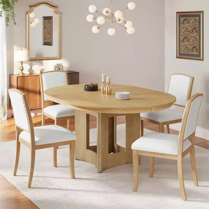 MAYEERTY Ensemble de table à manger ronde extensible 5 pièces style ferme, 16 rallonges amovibles, 4 chaises rembourrées pour 4 personnes, Espresso + Beige