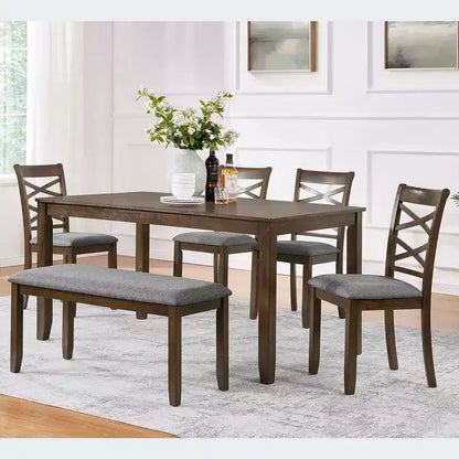 MAYEERTY Ensemble de salle à manger 6 pièces pour 6 personnes, Table rectangulaire en bois + 4 chaises rembourrées et banc, Gris