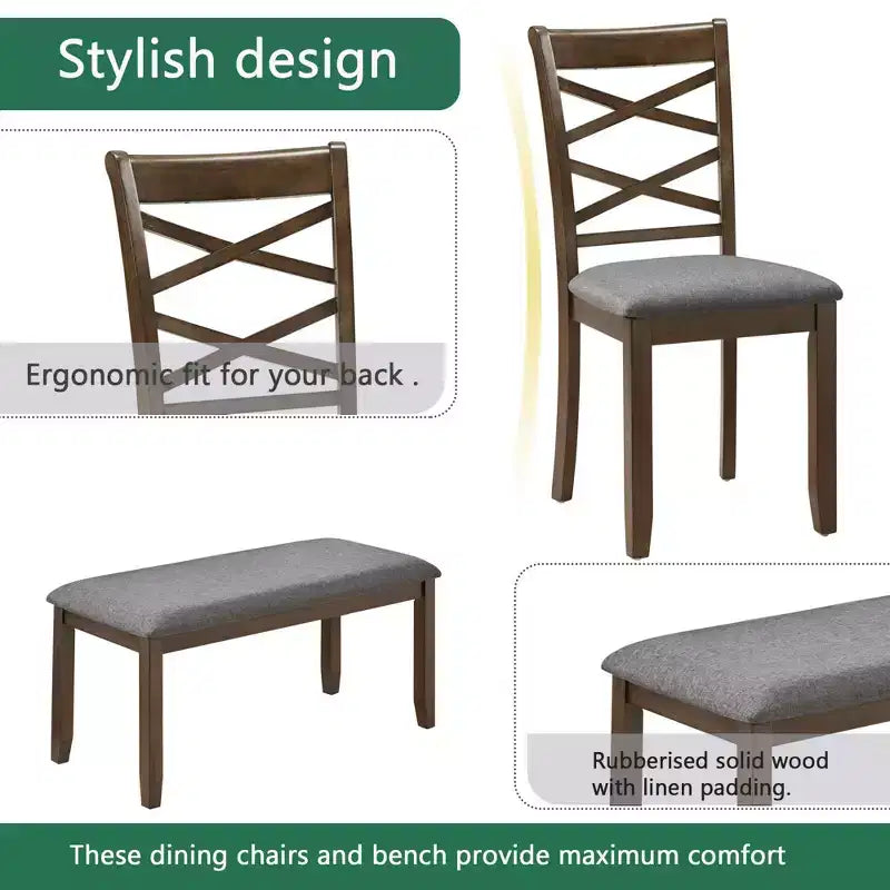 MAYEERTY Ensemble de salle à manger 6 pièces pour 6 personnes, Table rectangulaire en bois + 4 chaises rembourrées et banc, Gris