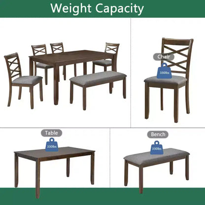 MAYEERTY Ensemble de salle à manger 6 pièces pour 6 personnes, Table rectangulaire en bois + 4 chaises rembourrées et banc, Gris