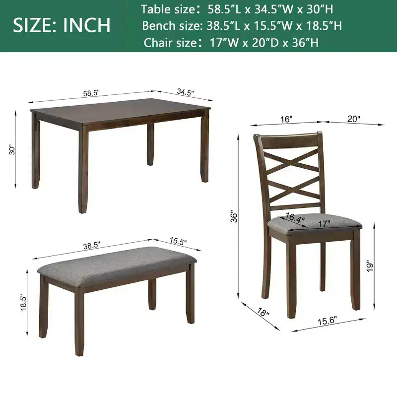 MAYEERTY Ensemble de salle à manger 6 pièces pour 6 personnes, Table rectangulaire en bois + 4 chaises rembourrées et banc, Gris