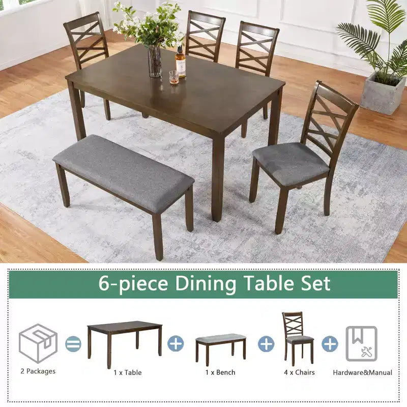 MAYEERTY Ensemble de salle à manger 6 pièces pour 6 personnes, Table rectangulaire en bois + 4 chaises rembourrées et banc, Gris
