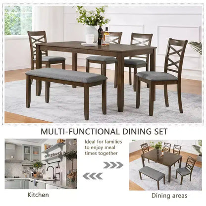 MAYEERTY Ensemble de salle à manger 6 pièces pour 6 personnes, Table rectangulaire en bois + 4 chaises rembourrées et banc, Gris