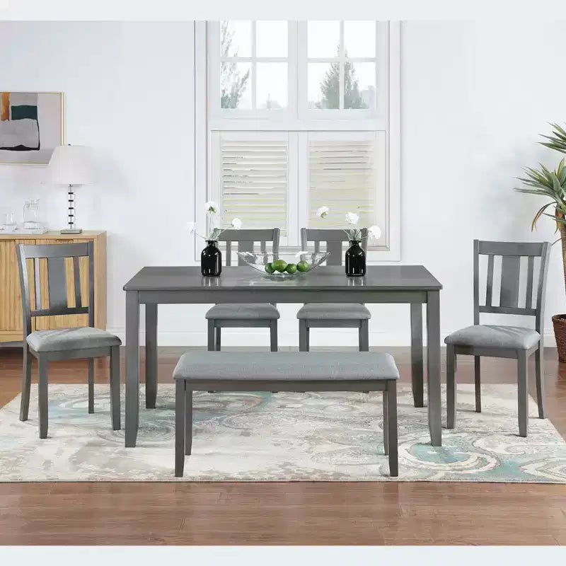 MAYEERTY Ensemble de salle à manger 6 pièces pour 6 personnes, Table rectangulaire en bois + 4 chaises rembourrées et banc, Gris