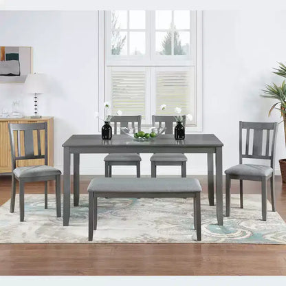 MAYEERTY Ensemble de salle à manger 6 pièces pour 6 personnes, Table rectangulaire en bois + 4 chaises rembourrées et banc, Gris