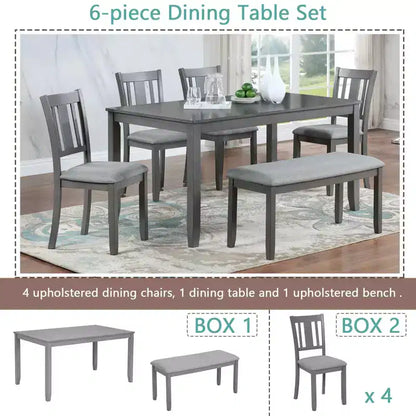 MAYEERTY Ensemble de salle à manger 6 pièces pour 6 personnes, Table rectangulaire en bois + 4 chaises rembourrées et banc, Gris