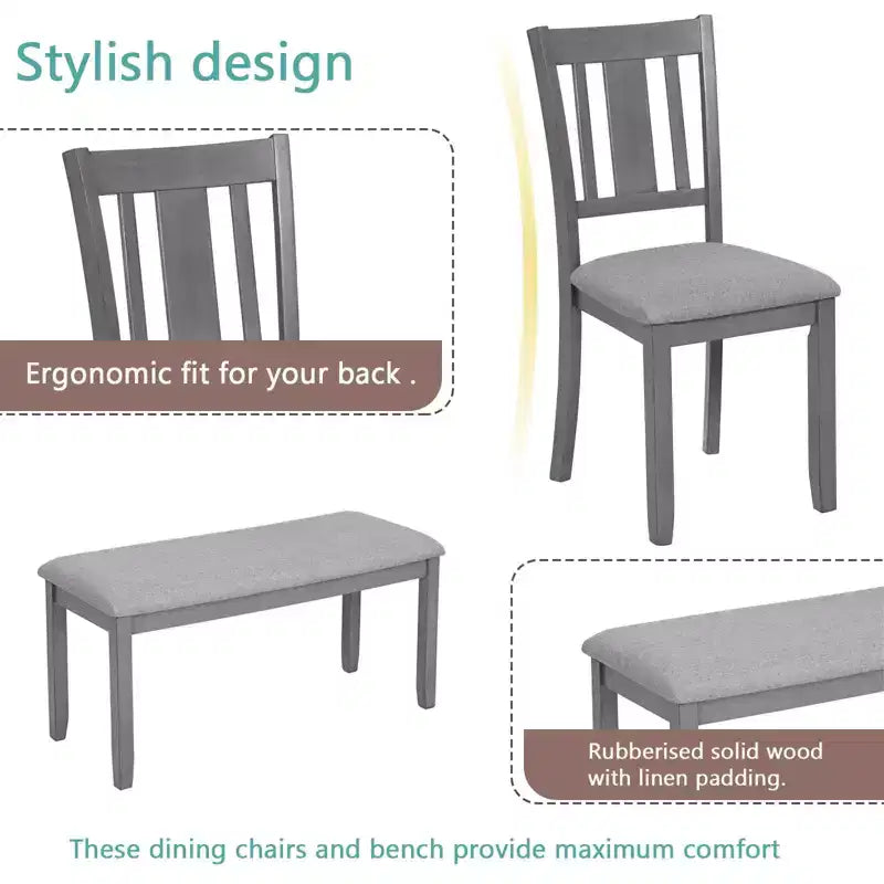 MAYEERTY Ensemble de salle à manger 6 pièces pour 6 personnes, Table rectangulaire en bois + 4 chaises rembourrées et banc, Gris