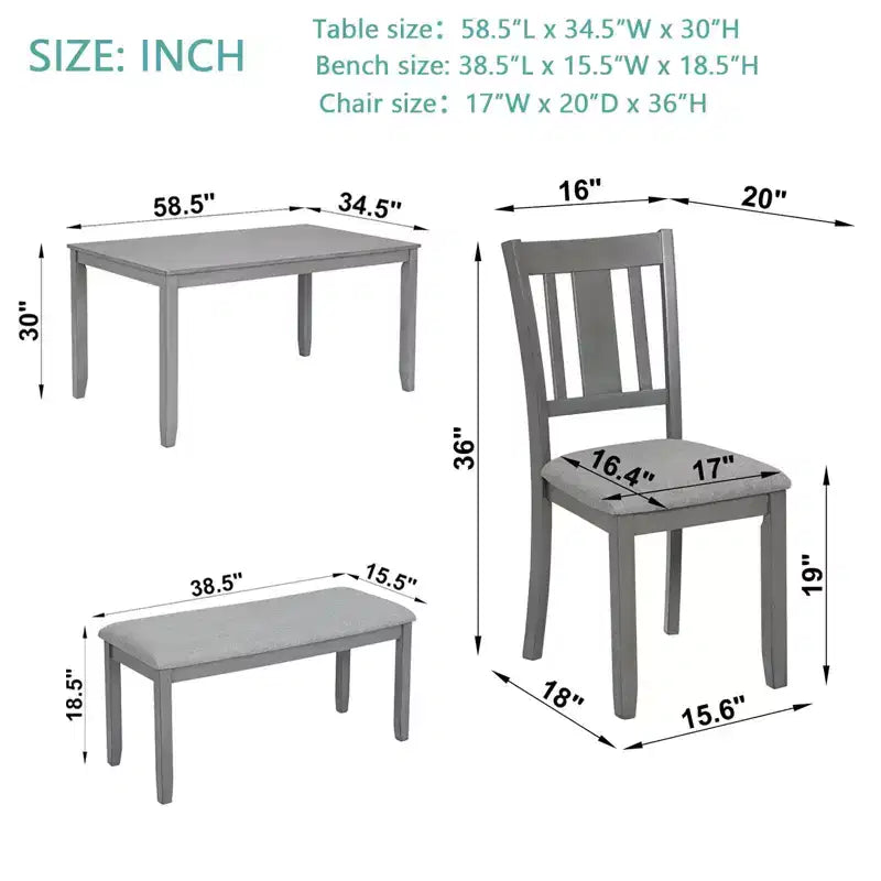 MAYEERTY Ensemble de salle à manger 6 pièces pour 6 personnes, Table rectangulaire en bois + 4 chaises rembourrées et banc, Gris