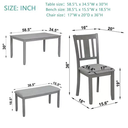 MAYEERTY Ensemble de salle à manger 6 pièces pour 6 personnes, Table rectangulaire en bois + 4 chaises rembourrées et banc, Gris