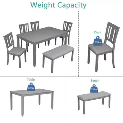 MAYEERTY Ensemble de salle à manger 6 pièces pour 6 personnes, Table rectangulaire en bois + 4 chaises rembourrées et banc, Gris