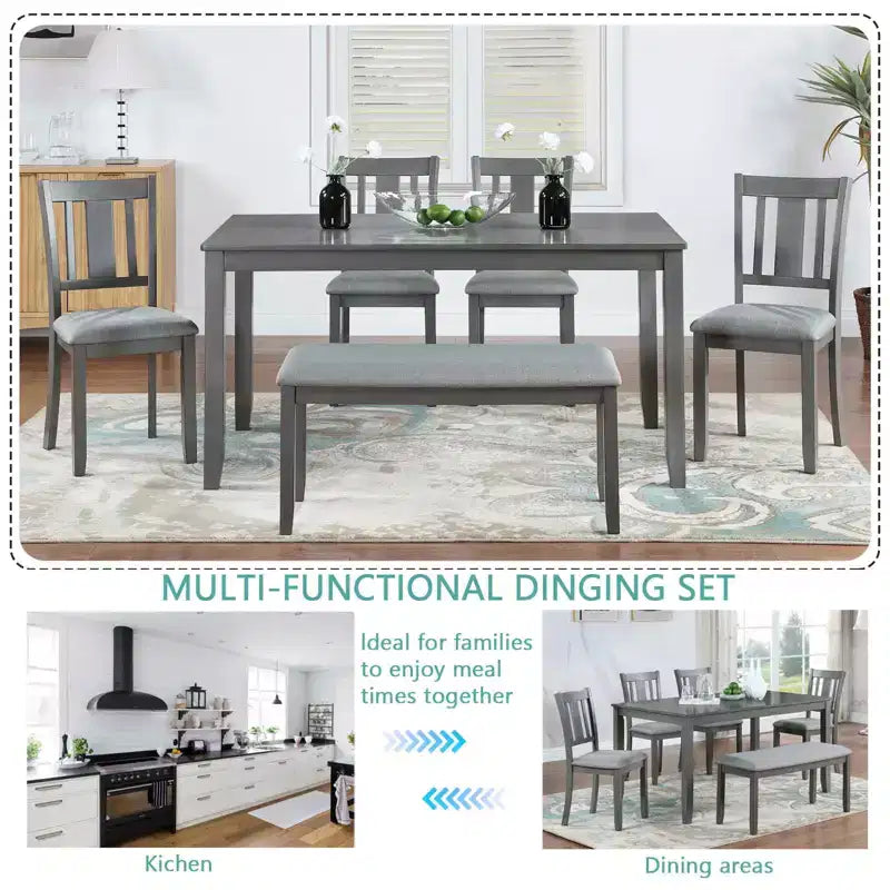 MAYEERTY Ensemble de salle à manger 6 pièces pour 6 personnes, Table rectangulaire en bois + 4 chaises rembourrées et banc, Gris