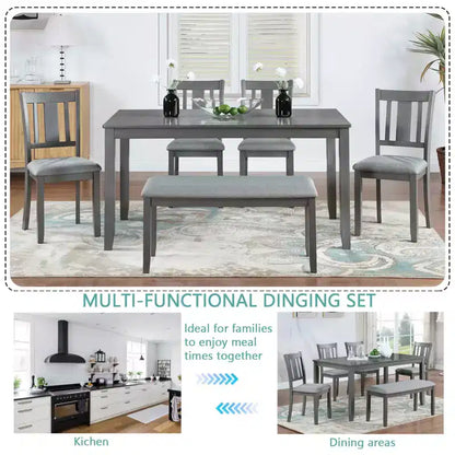 MAYEERTY Ensemble de salle à manger 6 pièces pour 6 personnes, Table rectangulaire en bois + 4 chaises rembourrées et banc, Gris