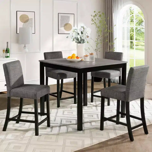 MAYEERTY 6-Piece Wooden Dining Set, 4 Chairs & Bench for 6, Light Grey & Black Two Tone