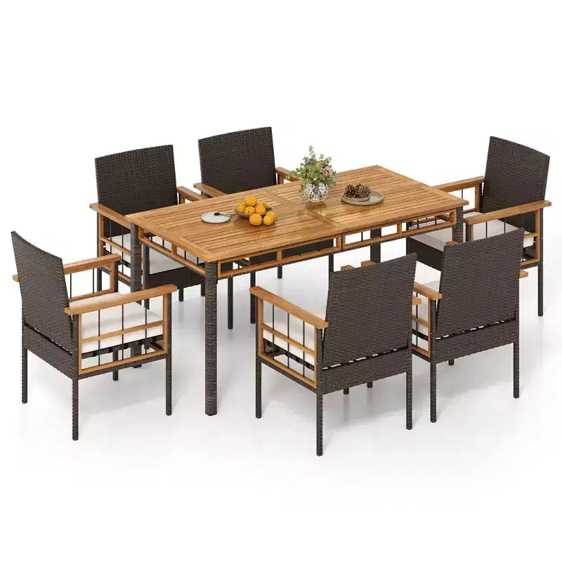 Ensemble de salle à manger Costway 7 pièces en rotin synthétique avec trou pour parasol de 5 cm, coussins pour jardin, terrasse, marron mélangé