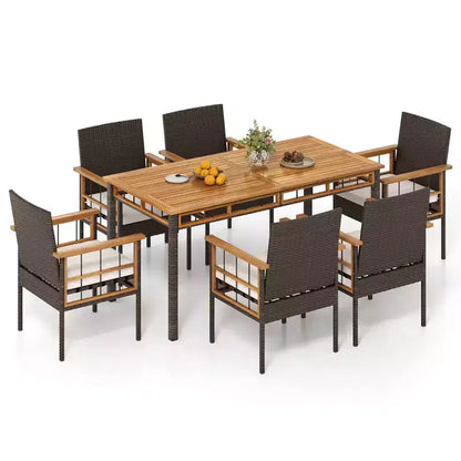 Ensemble de salle à manger Costway 7 pièces en rotin synthétique avec trou pour parasol de 5 cm, coussins pour jardin, terrasse, marron mélangé