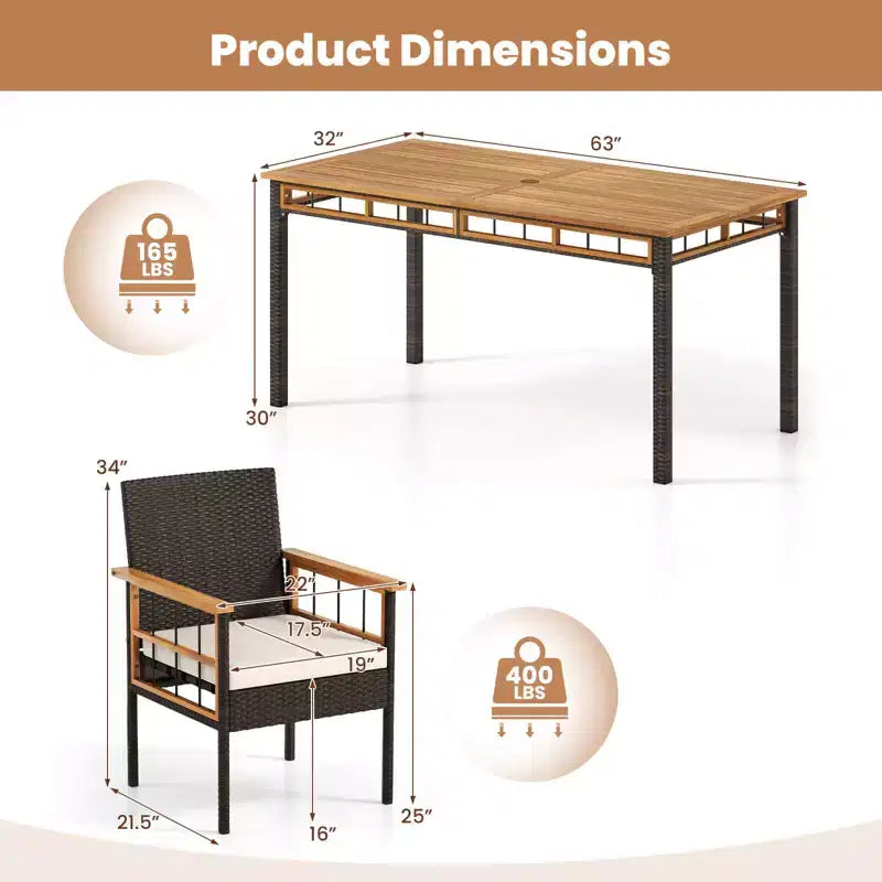 Ensemble de salle à manger Costway 7 pièces en rotin synthétique avec trou pour parasol de 5 cm, coussins pour jardin, terrasse, marron mélangé