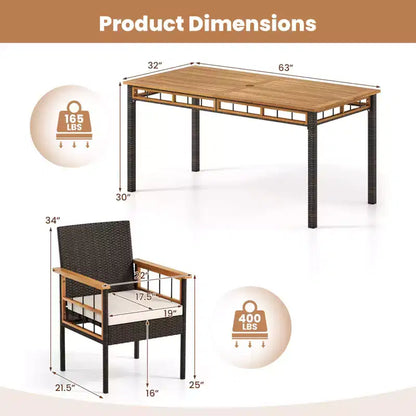 Ensemble de salle à manger Costway 7 pièces en rotin synthétique avec trou pour parasol de 5 cm, coussins pour jardin, terrasse, marron mélangé