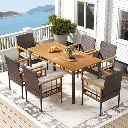 Ensemble de salle à manger Costway 7 pièces en rotin synthétique avec trou pour parasol de 5 cm, coussins pour jardin, terrasse, marron mélangé