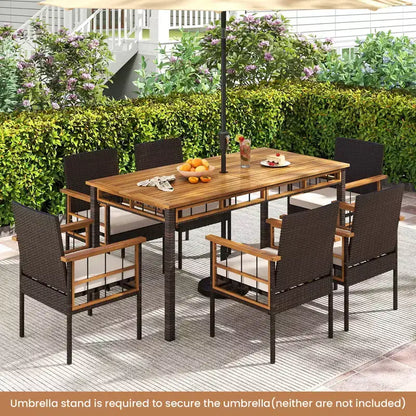 Ensemble de salle à manger Costway 7 pièces en rotin synthétique avec trou pour parasol de 5 cm, coussins pour jardin, terrasse, marron mélangé
