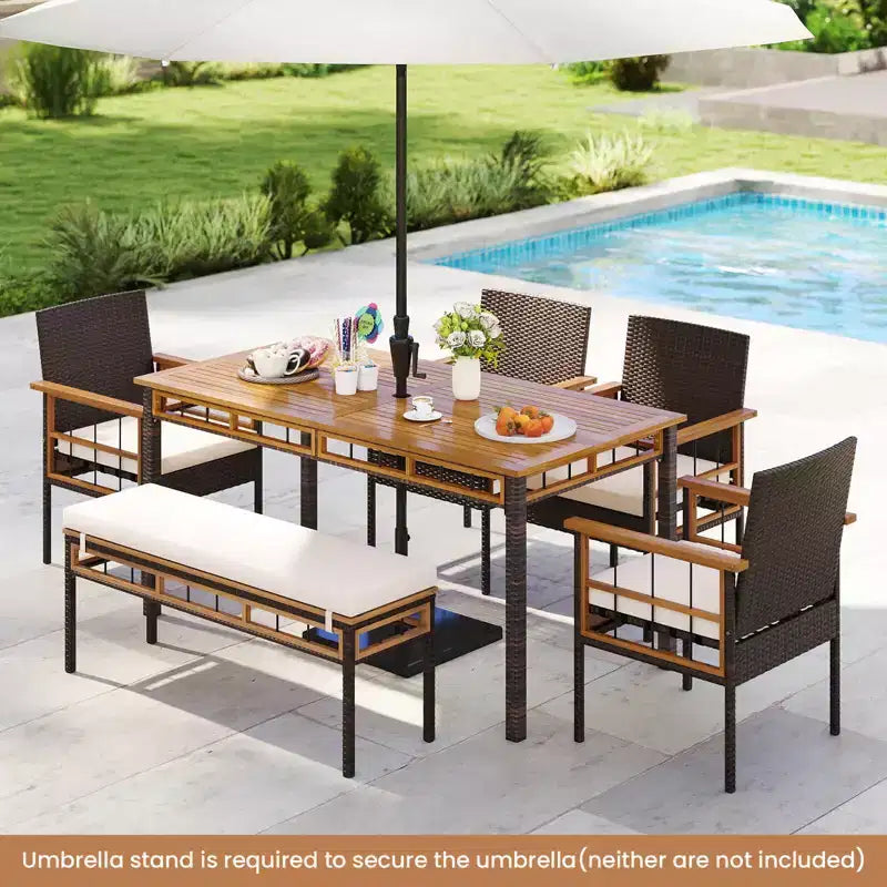 Ensemble de salle à manger Costway 7 pièces en rotin synthétique avec trou pour parasol de 5 cm, coussins pour jardin, terrasse, marron mélangé
