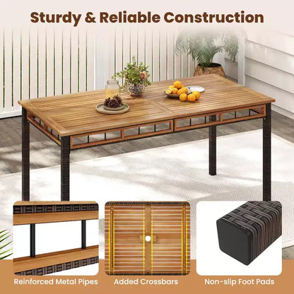 Ensemble de salle à manger Costway 7 pièces en rotin synthétique avec trou pour parasol de 5 cm, coussins pour jardin, terrasse, marron mélangé