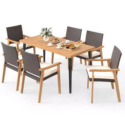 Costway Ensemble de 7 chaises de salle à manger de patio avec plateau de table, trou de parasol de 1,97, coussin amovible Naturel + Marron mélangé + Noir