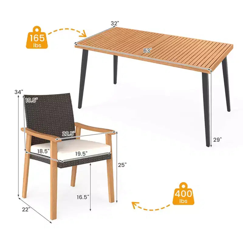 Costway Ensemble de 7 chaises de salle à manger de patio avec plateau de table, trou de parasol de 1,97, coussin amovible Naturel + Marron mélangé + Noir