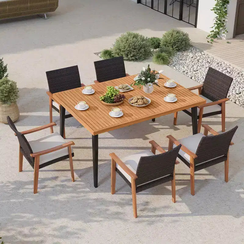Costway Ensemble de 7 chaises de salle à manger de patio avec plateau de table, trou de parasol de 1,97, coussin amovible Naturel + Marron mélangé + Noir
