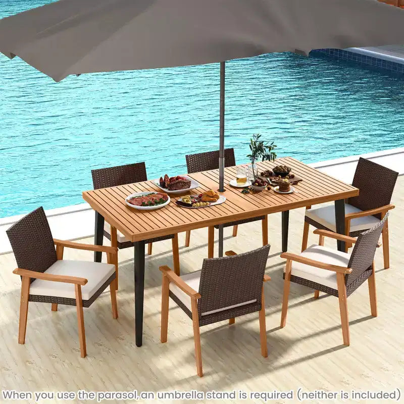 Costway Ensemble de 7 chaises de salle à manger de patio avec plateau de table, trou de parasol de 1,97, coussin amovible Naturel + Marron mélangé + Noir