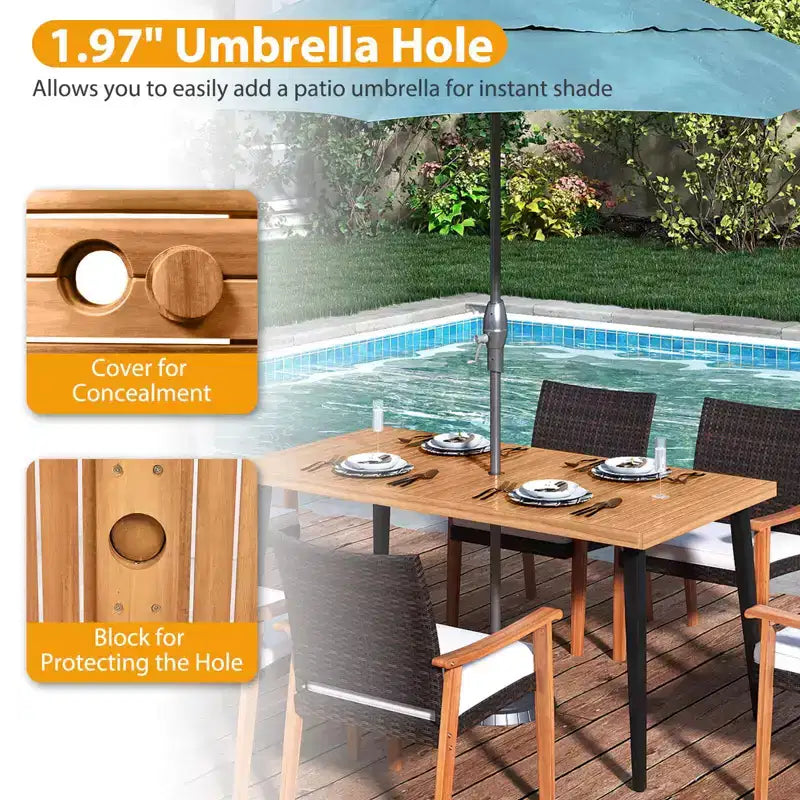 Costway Ensemble de 7 chaises de salle à manger de patio avec plateau de table, trou de parasol de 1,97, coussin amovible Naturel + Marron mélangé + Noir