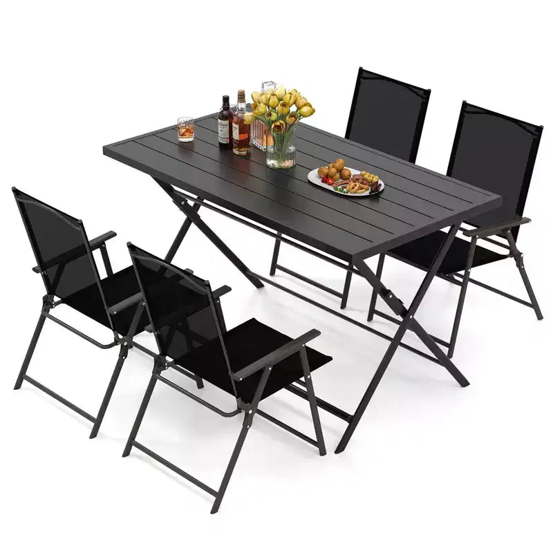 Costway Set da Pranzo Pieghevole da Esterno 5 PZ, Grande Tavolo Rettangolare in Metallo 4 Poltrone a Rete Nere