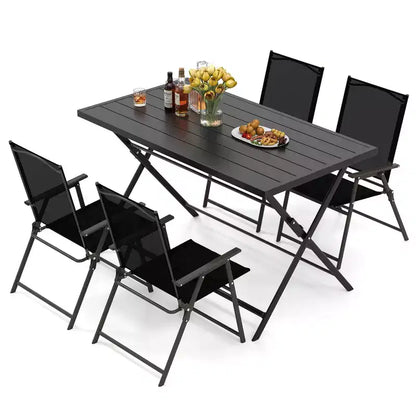 Costway Set da Pranzo Pieghevole da Esterno 5 PZ, Grande Tavolo Rettangolare in Metallo 4 Poltrone a Rete Nere