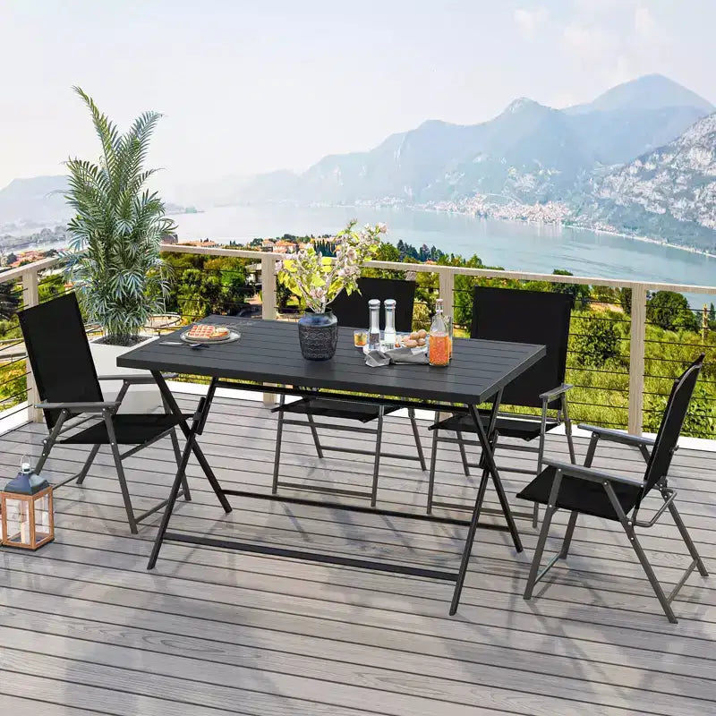 Costway Set da Pranzo Pieghevole da Esterno 5 PZ, Grande Tavolo Rettangolare in Metallo 4 Poltrone a Rete Nere